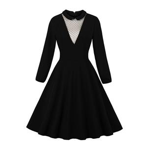 Sexy Black Lapel Sheer Mesh Spliced Low-cut Long Sleeve Party Midi Dress N19515