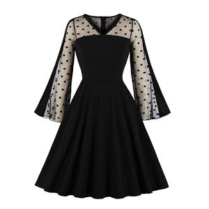 Sexy Sheer Mesh Flared Sleeve Spliced Black A-line Party Dress N19591