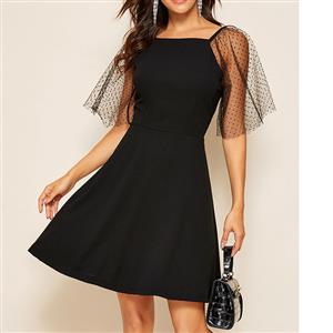 Sexy Black Square Neckline Sheer Mesh Half Sleeve High Waist Party Dress N19406