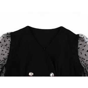 Sexy Black V Neckline Sheer Polka Dots Mesh 3/4 Sleeve High Waist Party Midi Dress N20831