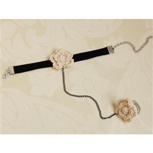 Vintage Black Wristband Flower Bracelet with Ring J18065