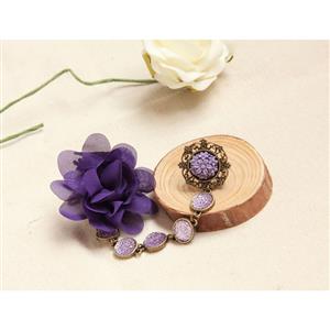 Vintage Black Wristband Purple Gem Embellished Bracelet with Ring J18075