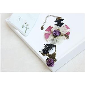 Vintage Black Wristband Purple Rose Bowknot  Embellished Bracelet with Ring J18083