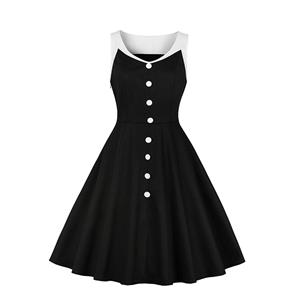 Vintage Black and White Patchwork V Neckline Sleeveless High Waist Midi Dress N18585