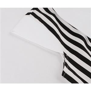 Vintage Black and White Striped Lapel Cap Sleeve High Waist Belted Cocktail Daily Midi Dress N21576