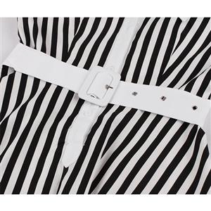 Vintage Black and White Striped Lapel Cap Sleeve High Waist Belted Cocktail Daily Midi Dress N21576