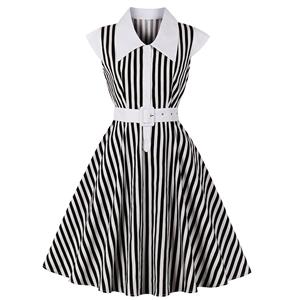 Vintage Black and White Striped Lapel Cap Sleeve High Waist Belted Cocktail Daily Midi Dress N21576