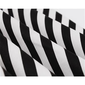 Vintage Black and White Striped Lapel Cap Sleeve High Waist Belted Cocktail Daily Midi Dress N21576