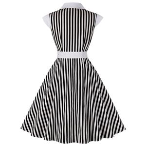 Vintage Black and White Striped Lapel Cap Sleeve High Waist Belted Cocktail Daily Midi Dress N21576