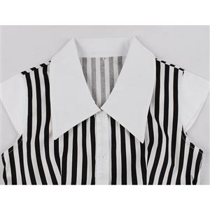 Vintage Black and White Striped Lapel Cap Sleeve High Waist Belted Cocktail Daily Midi Dress N21576