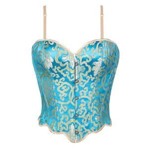 Vintage corset, Bustier top, Turquoise lingerie, Golden floral print, Front lace-up, Adjustable straps, Sweetheart neckline, Scalloped hem, Lace trim, Satin bustier, Retro shapewear, Layering piece, Evening wear, Bridal lingerie, Women's fashion #N23830