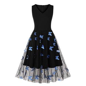 Vintage V Neck Blue Butterfly Sleeveless High Waist Summer Party Midi Dress N22838