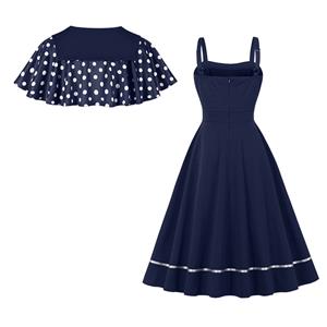 Vintage 2 - Piece Polka Dot & Navy Blue Dress Set (Peter Pan Collar Cape + Sleeveless A - line Dress) N23933