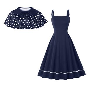 Vintage 2 - Piece Polka Dot & Navy Blue Dress Set (Peter Pan Collar Cape + Sleeveless A - line Dress) N23933
