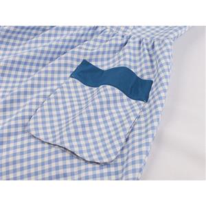 Vintage Blue Plaid Spliced Short Sleeve V-neck High Waist  Pocket Swing Daily Dress N19569