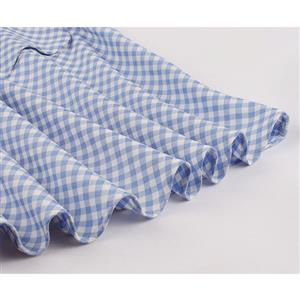 Vintage Blue Plaid Spliced Short Sleeve V-neck High Waist  Pocket Swing Daily Dress N19569