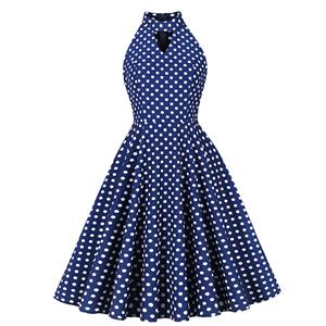 Vintage Blue Polka Dot Halter Swing Dress 1950s Style N23936