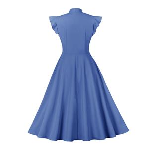 Vintage Blue Turndown Collar Cap Sleeves High Waist Cocktail Party Swing Dress N22741