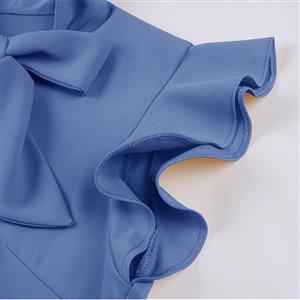 Vintage Blue Turndown Collar Cap Sleeves High Waist Cocktail Party Swing Dress N22741