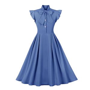 Vintage Blue Turndown Collar Cap Sleeves High Waist Cocktail Party Swing Dress N22741