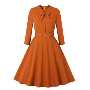 Vintage Bowknot Neckline Button Bodice Long Sleeves High Waist Belted Fall/Winter Midi Dress N21500