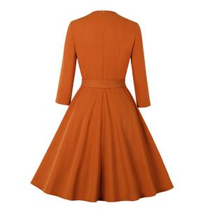 Vintage Bowknot Neckline Button Bodice Long Sleeves High Waist Belted Fall/Winter Midi Dress N21500