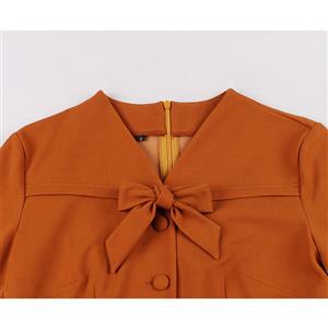 Vintage Bowknot Neckline Button Bodice Long Sleeves High Waist Belted Fall/Winter Midi Dress N21500