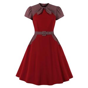 1950's Vintage Checkered Bowknot Neckline Short Sleeves High Waist Belted Cocktail Midi Dress N21495