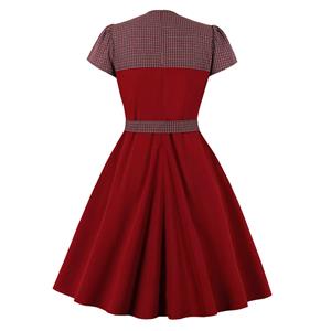 1950's Vintage Checkered Bowknot Neckline Short Sleeves High Waist Belted Cocktail Midi Dress N21495