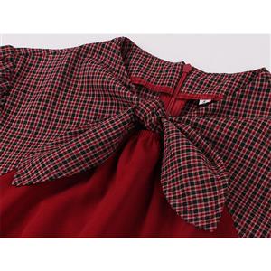 1950's Vintage Checkered Bowknot Neckline Short Sleeves High Waist Belted Cocktail Midi Dress N21495