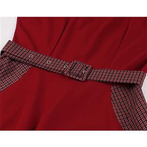 1950's Vintage Checkered Bowknot Neckline Short Sleeves High Waist Belted Cocktail Midi Dress N21495