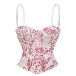 Vintage Floral Print Corset Top – Victorian Style Satin Bustier with Adjustable Straps N23910