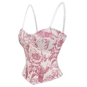 Vintage Floral Print Corset Top – Victorian Style Satin Bustier with Adjustable Straps N23910