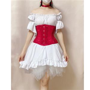 Vintage Spiral Steel Bone Embroidery Underbust Corset with Ruffle Off-shoulder High-low Dress N21921