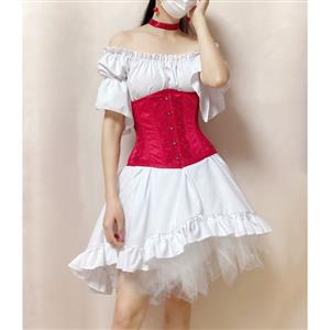 Vintage Spiral Steel Bone Embroidery Underbust Corset with Ruffle Off-shoulder High-low Dress N21921