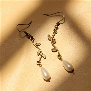 Vintage Elegant Bronze Metal Vine with White Artificial Pearl Drop Earrings J18440