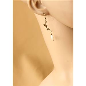 Vintage Elegant Bronze Metal Vine with White Artificial Pearl Drop Earrings J18440