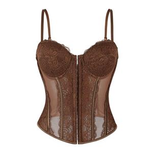 Lace corset, Adjustable bustier, Sheer mesh lingerie, Vintage corset top, Front zipper corset, Burlesque performance, Romantic intimate wear, Pin-up style, Gothic lingerie, Elegant shapewear #N23793