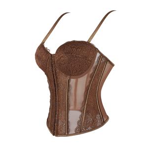 Brown Elegant Corset?? - Vintage Lace Bustier with Front Zipper N23793