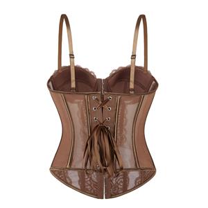 Brown Elegant Corset?? - Vintage Lace Bustier with Front Zipper N23793
