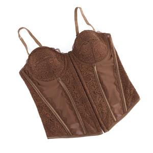 Brown Elegant Corset?? - Vintage Lace Bustier with Front Zipper N23793