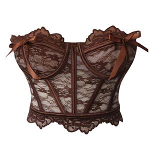 vintage lace corset, brown bustier top, front lace-up corset, adjustable ribbon corset, retro shapewear, burlesque lingerie, detachable strap bustier, waist cincher, lingerie layering, lace underbust top #N237817