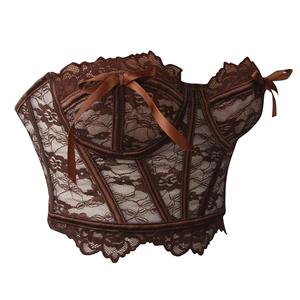 Vintage Brown Lace Corset Top - Front Lace-Up Bustier with Adjustable Ribbon & Detachable Straps N237817