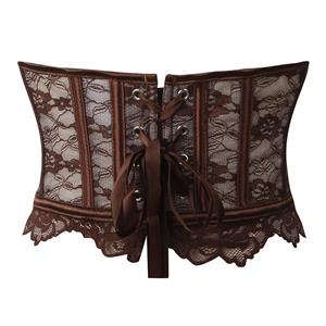 Vintage Brown Lace Corset Top - Front Lace-Up Bustier with Adjustable Ribbon & Detachable Straps N237817