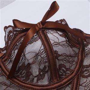 Vintage Brown Lace Corset Top - Front Lace-Up Bustier with Adjustable Ribbon & Detachable Straps N237817