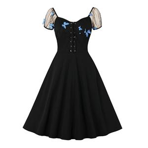 Sexy Square Neckline Butterfly Lacing Bodice Puff Sleeves High Waist Party Black Swing Dress N21505