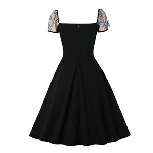 Sexy Square Neckline Butterfly Lacing Bodice Puff Sleeves High Waist Party Black Swing Dress N21505