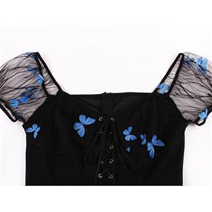 Sexy Square Neckline Butterfly Lacing Bodice Puff Sleeves High Waist Party Black Swing Dress N21505