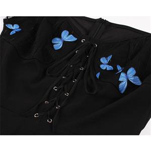 Sexy Square Neckline Butterfly Lacing Bodice Puff Sleeves High Waist Party Black Swing Dress N21505