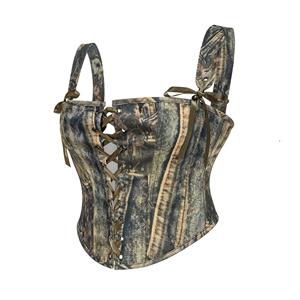 Vintage Camo Lace-Up Corset Top with Adjustable Shoulder Straps & Bow Accents N23777
